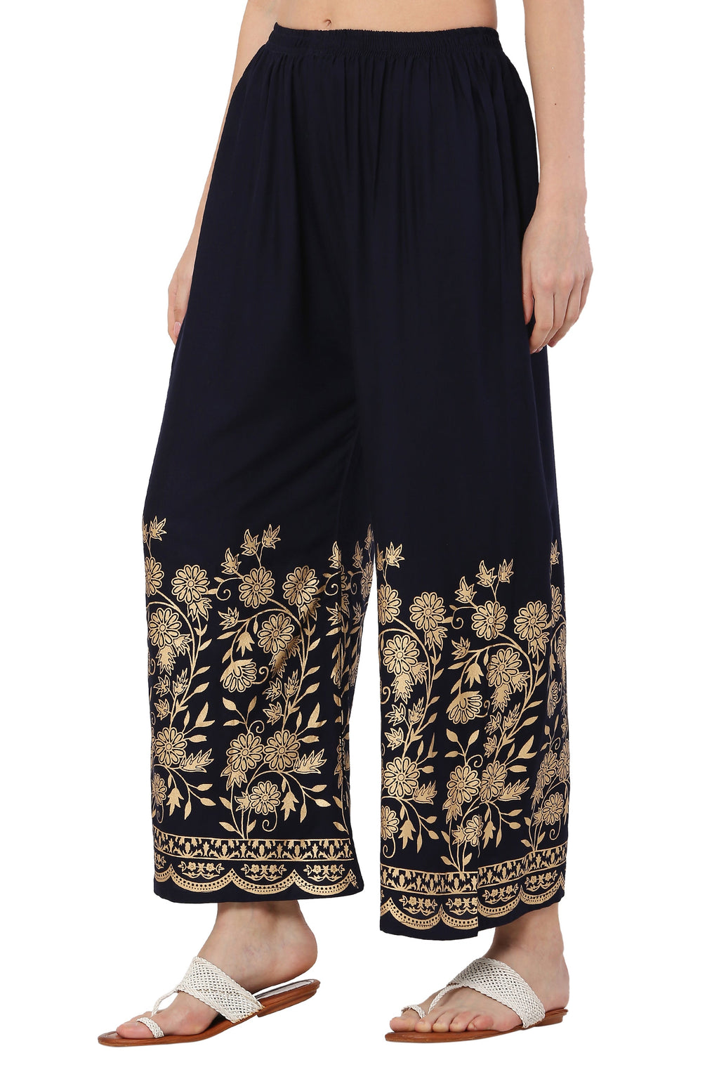 PAVONINE Navy Blue Color Floral Half Golden Print Sharara For Women | Grocsy