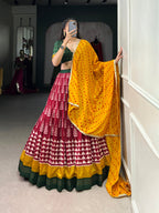Lorenvalley Maroon Tassar Silk Print with Foil Work Lehenga Choli with Dupatta | Grocsy