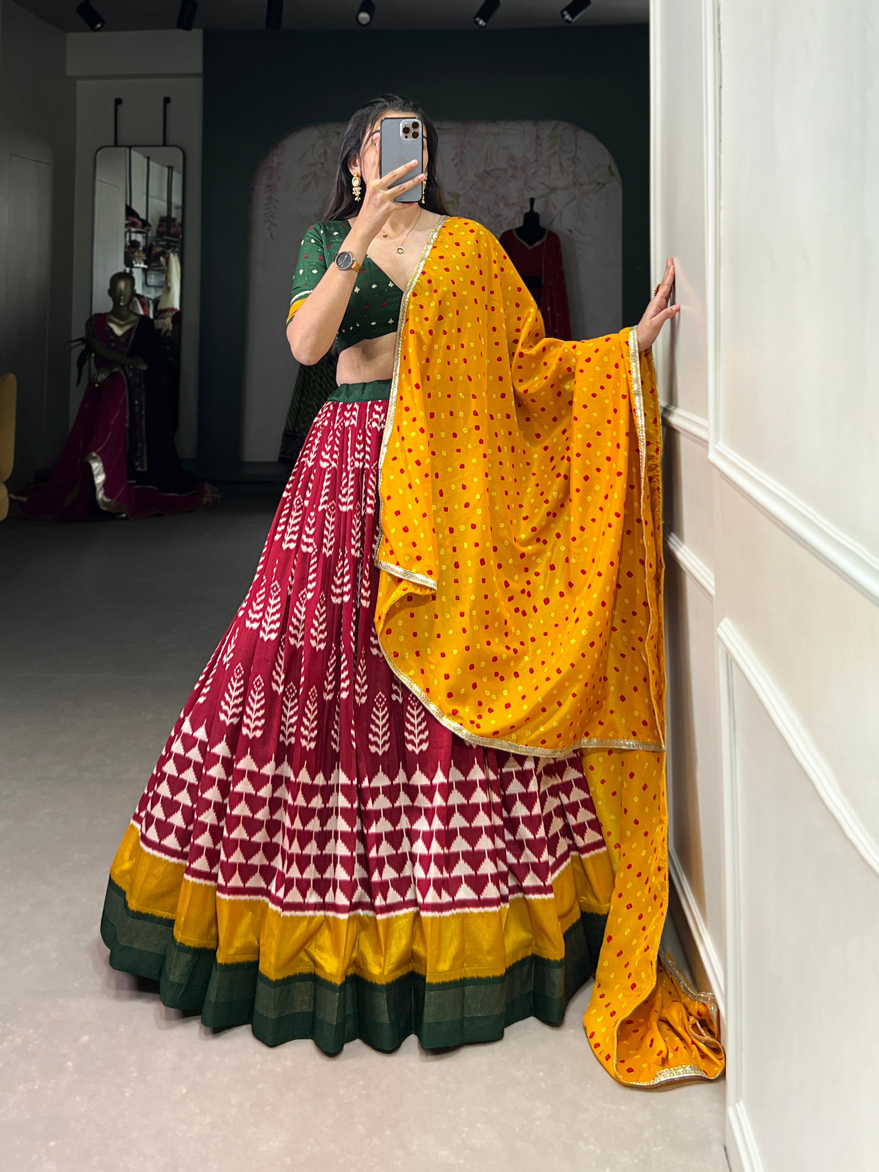 Lorenvalley Maroon Tassar Silk Print with Foil Work Lehenga Choli with Dupatta | Grocsy