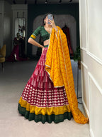 Lorenvalley Maroon Tassar Silk Print with Foil Work Lehenga Choli with Dupatta | Grocsy