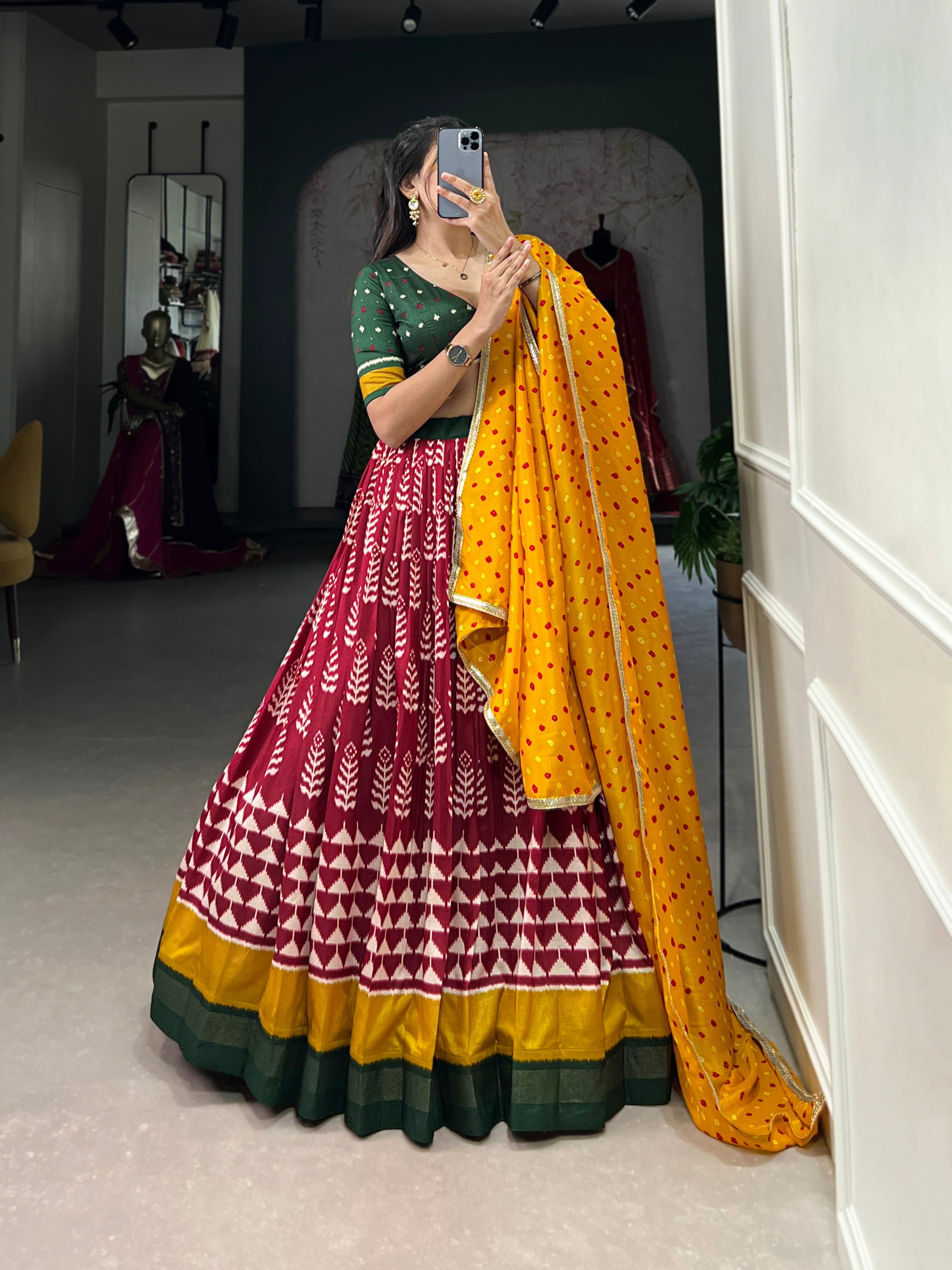 Lorenvalley Maroon Tassar Silk Print with Foil Work Lehenga Choli with Dupatta | Grocsy