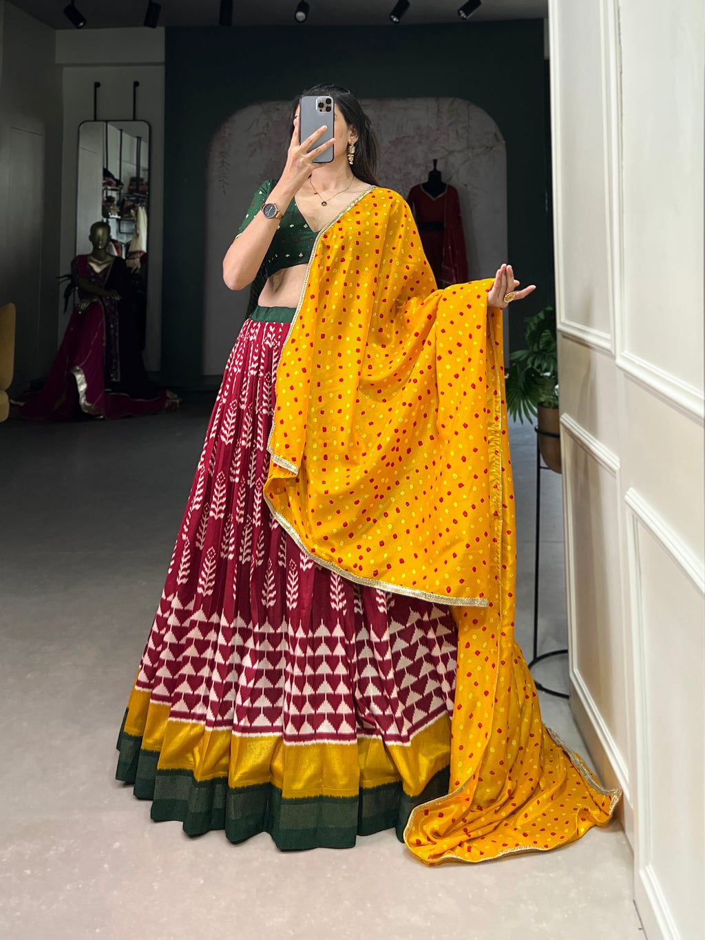 Lorenvalley Maroon Tassar Silk Print with Foil Work Lehenga Choli with Dupatta | Grocsy