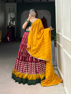 Lorenvalley Maroon Tassar Silk Print with Foil Work Lehenga Choli with Dupatta | Grocsy