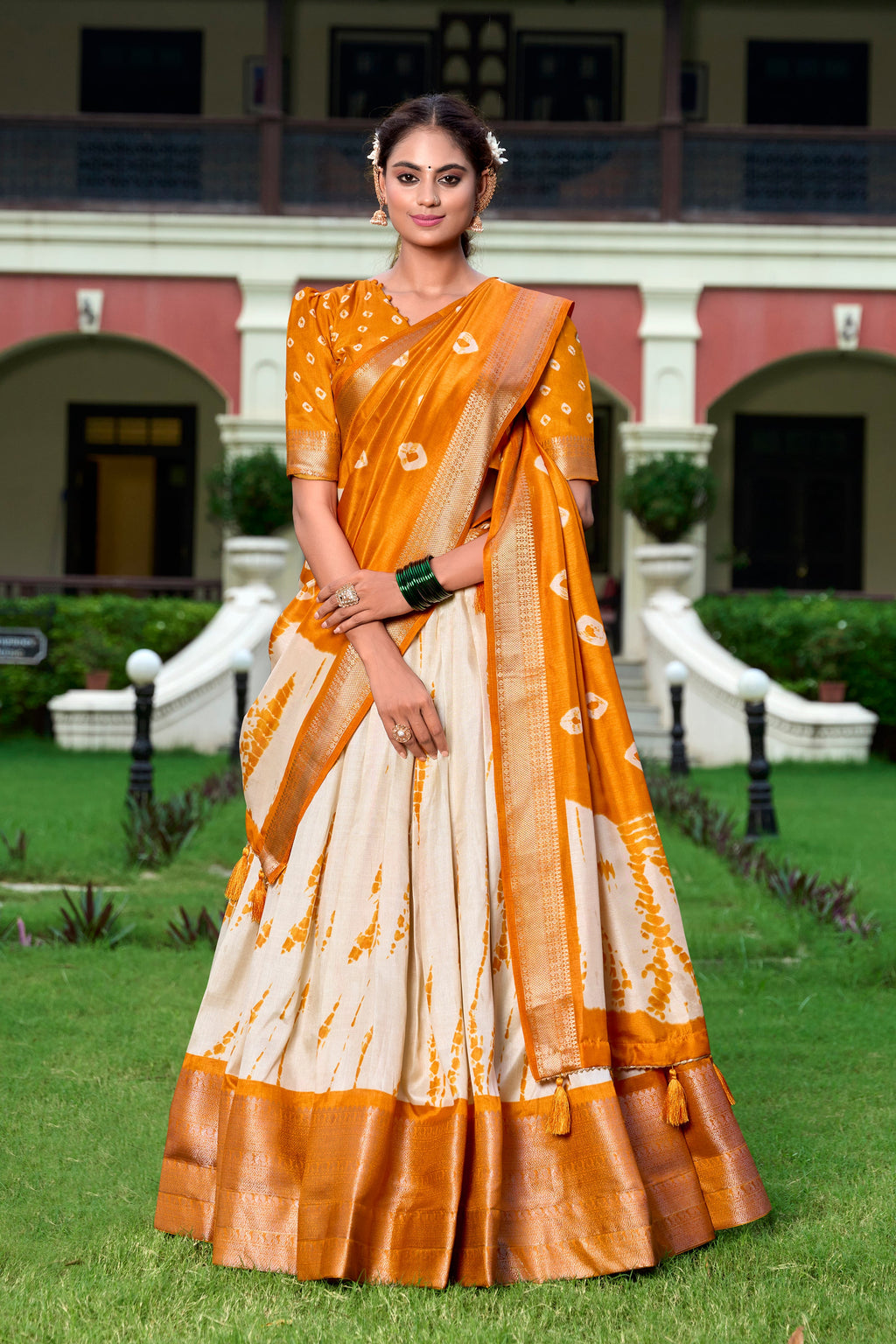 Lorenvalley Cream and Mustard Dola Silk Shibori Print With Zari Weaving Border Lehenga Choli | Grocsy