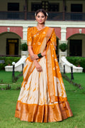 Lorenvalley Cream and Mustard Dola Silk Shibori Print With Zari Weaving Border Lehenga Choli | Grocsy