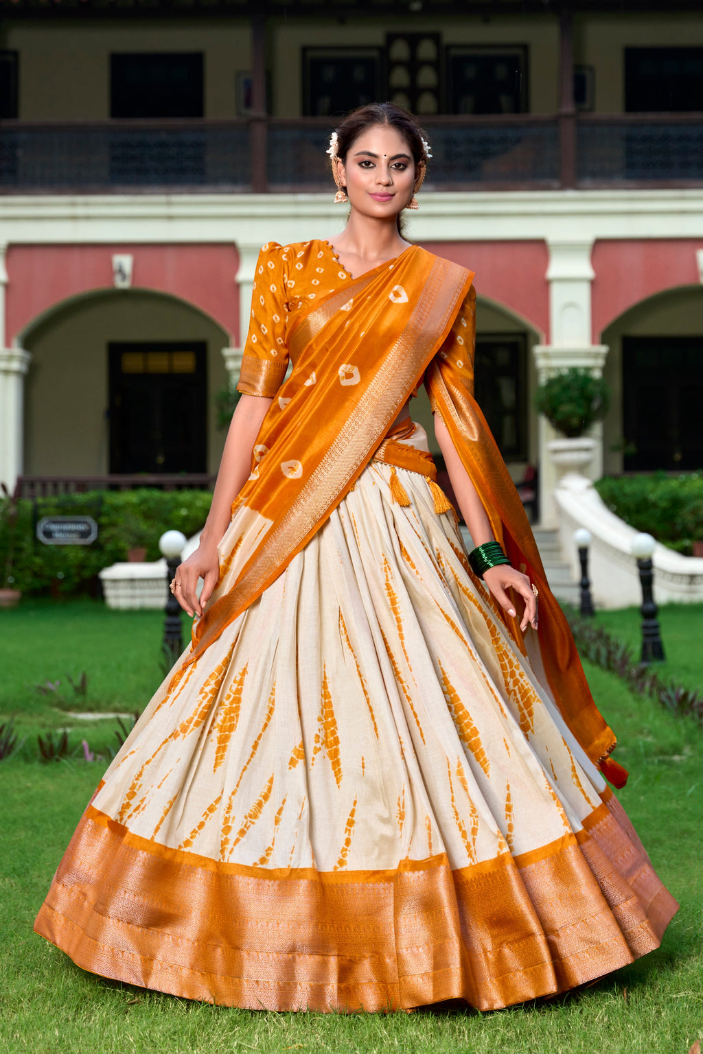 Lorenvalley Cream and Mustard Dola Silk Shibori Print With Zari Weaving Border Lehenga Choli | Grocsy