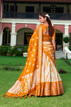 Lorenvalley Cream and Mustard Dola Silk Shibori Print With Zari Weaving Border Lehenga Choli | Grocsy