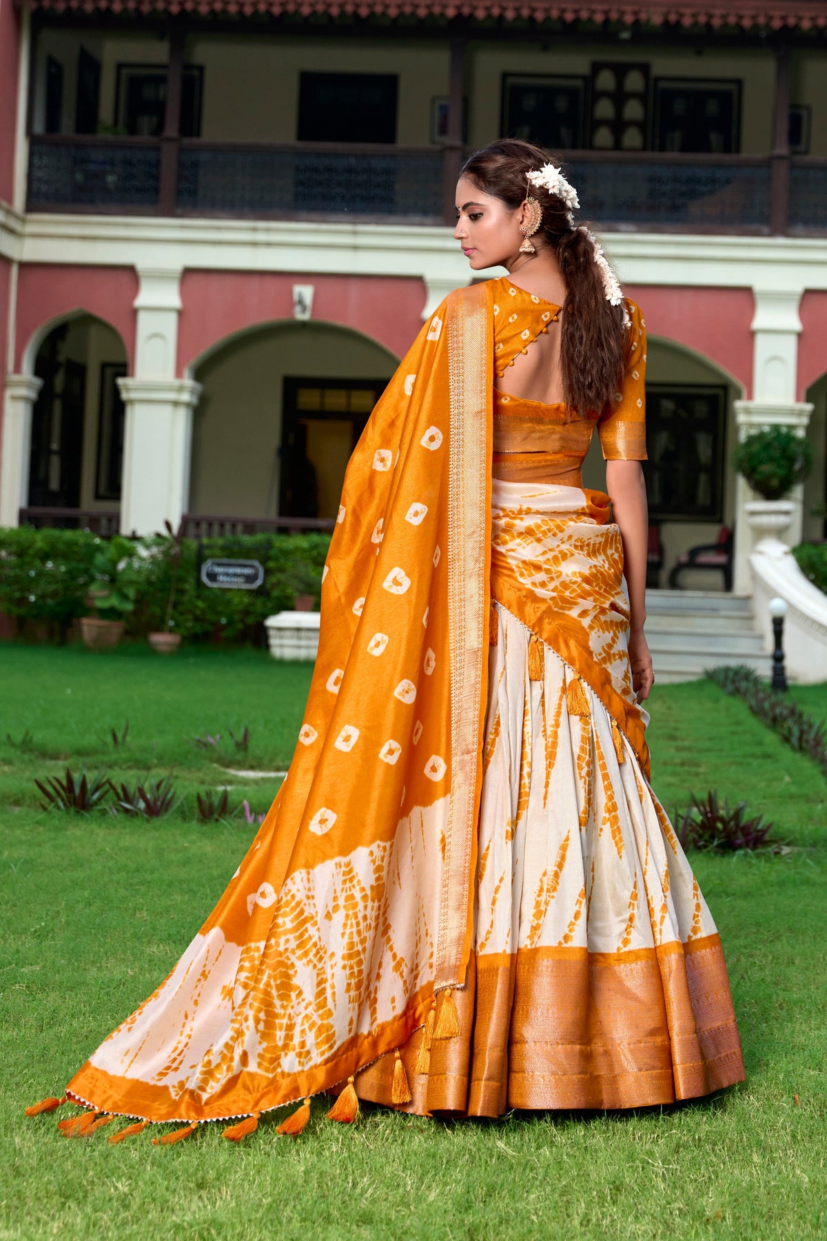 Lorenvalley Cream and Mustard Dola Silk Shibori Print With Zari Weaving Border Lehenga Choli | Grocsy
