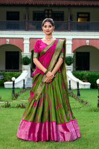 Lorenvalley Green and Pink Dola Silk Shibori Print With Zari Weaving Border Lehenga Choli | Grocsy