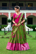 Lorenvalley Green and Pink Dola Silk Shibori Print With Zari Weaving Border Lehenga Choli | Grocsy