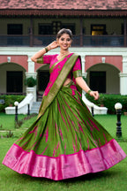 Lorenvalley Green and Pink Dola Silk Shibori Print With Zari Weaving Border Lehenga Choli | Grocsy