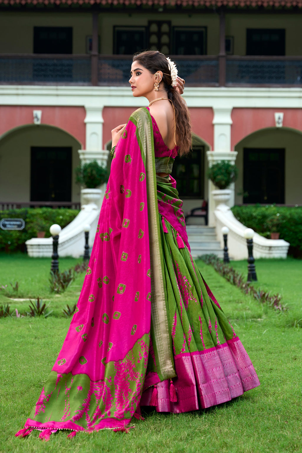 Lorenvalley Green and Pink Dola Silk Shibori Print With Zari Weaving Border Lehenga Choli | Grocsy