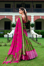 Lorenvalley Green and Pink Dola Silk Shibori Print With Zari Weaving Border Lehenga Choli | Grocsy
