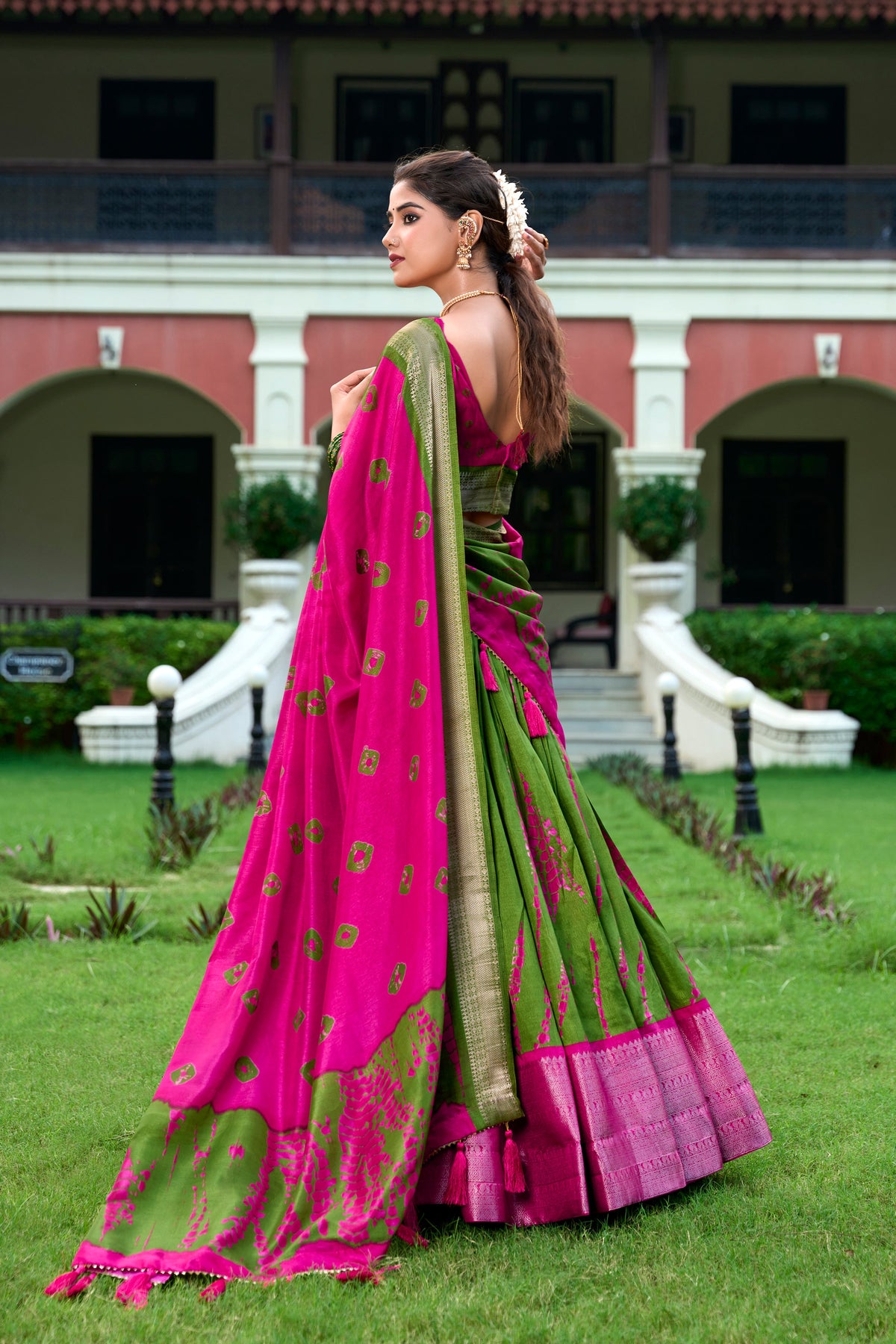 Lorenvalley Green and Pink Dola Silk Shibori Print With Zari Weaving Border Lehenga Choli | Grocsy