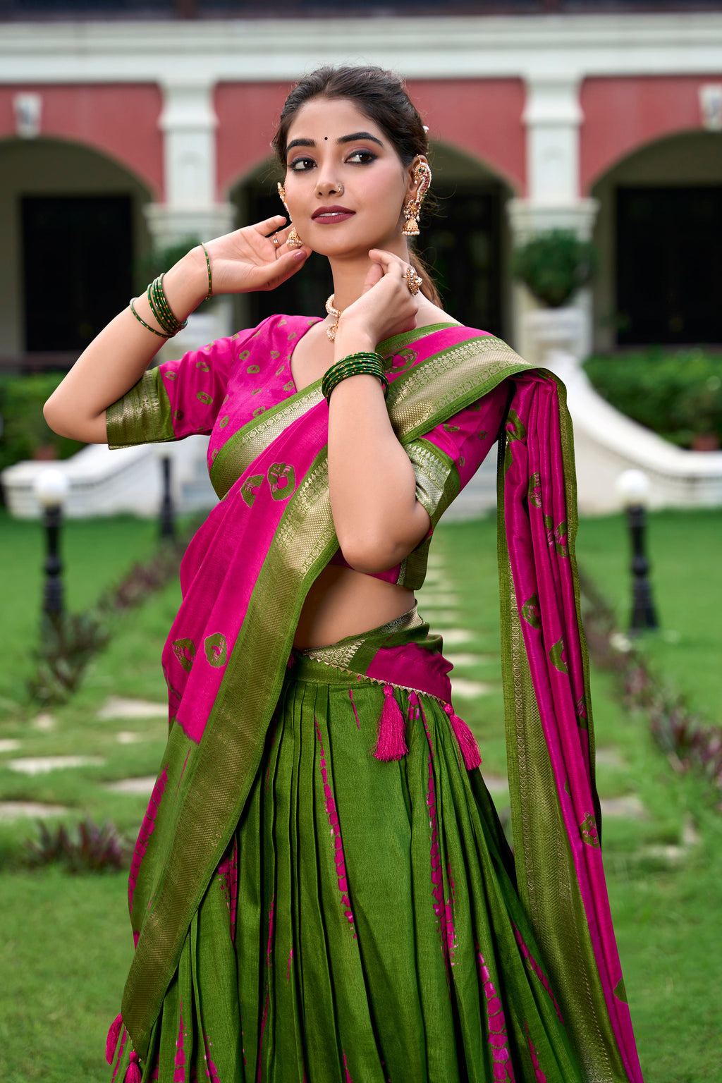 Lorenvalley Green and Pink Dola Silk Shibori Print With Zari Weaving Border Lehenga Choli | Grocsy