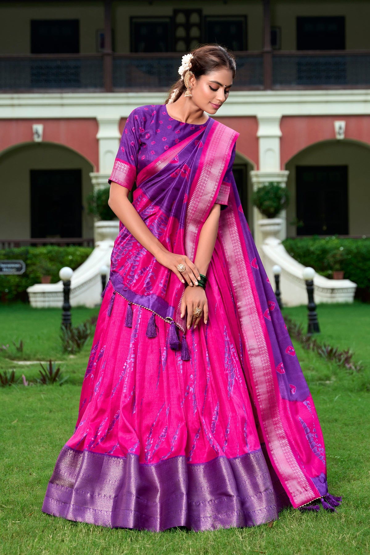 Lorenvalley Pink and Purple Dola Silk Shibori Print With Zari Weaving Border Lehenga Choli | Grocsy