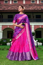 Lorenvalley Pink and Purple Dola Silk Shibori Print With Zari Weaving Border Lehenga Choli | Grocsy