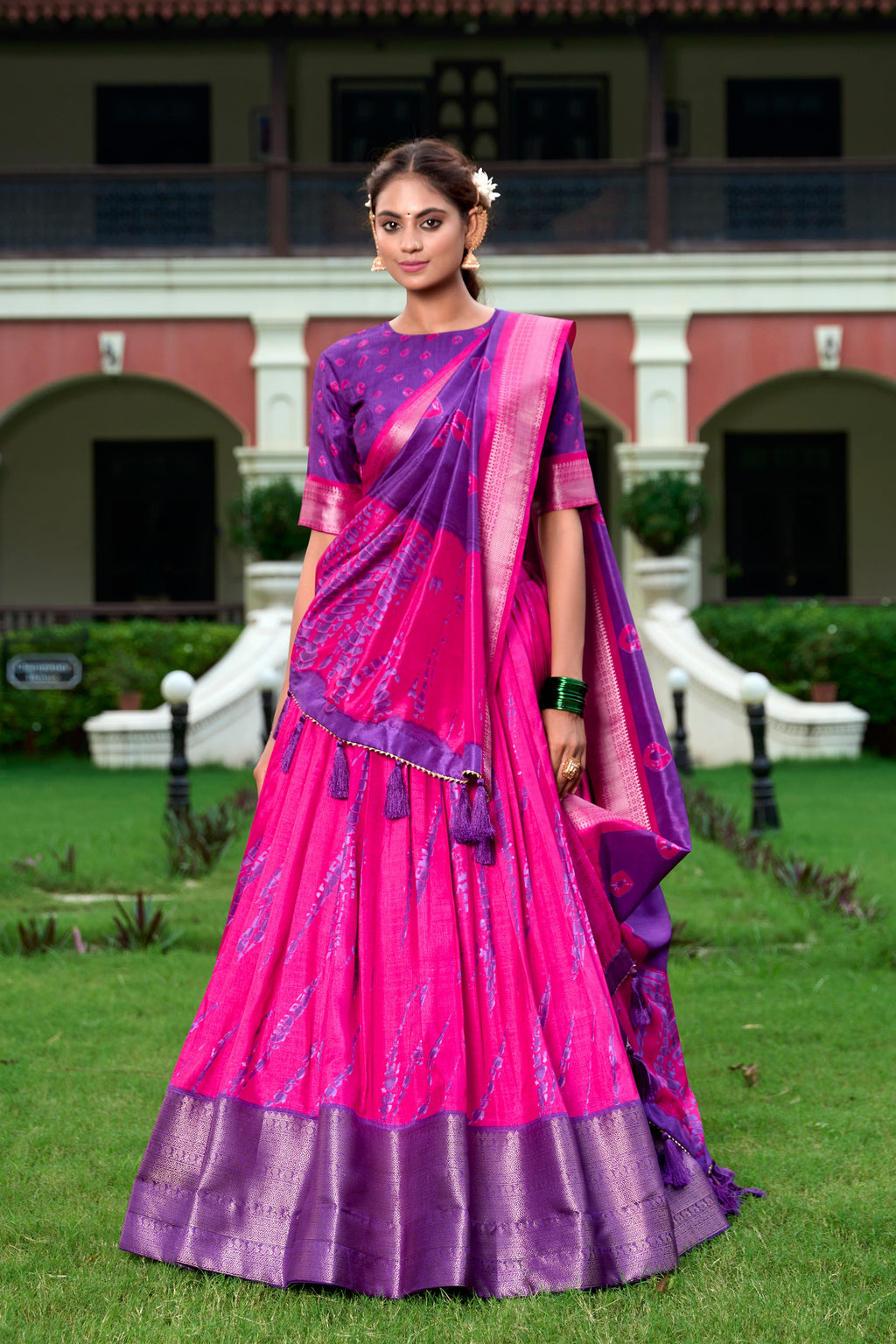 Lorenvalley Pink and Purple Dola Silk Shibori Print With Zari Weaving Border Lehenga Choli | Grocsy