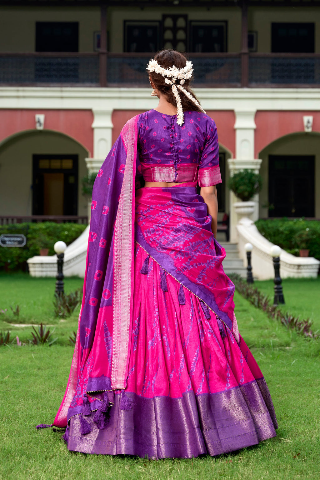 Lorenvalley Pink and Purple Dola Silk Shibori Print With Zari Weaving Border Lehenga Choli | Grocsy