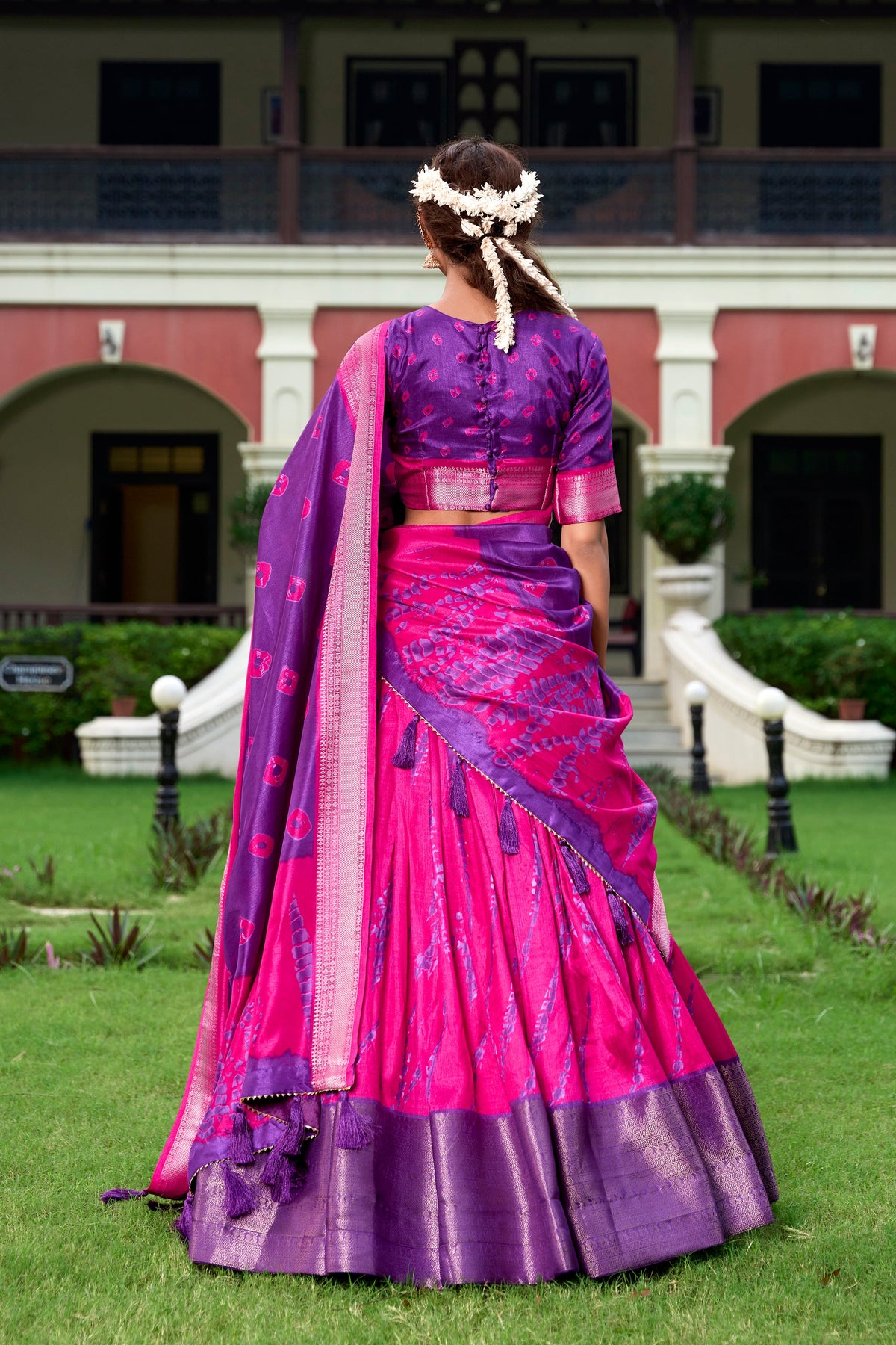 Lorenvalley Pink and Purple Dola Silk Shibori Print With Zari Weaving Border Lehenga Choli | Grocsy