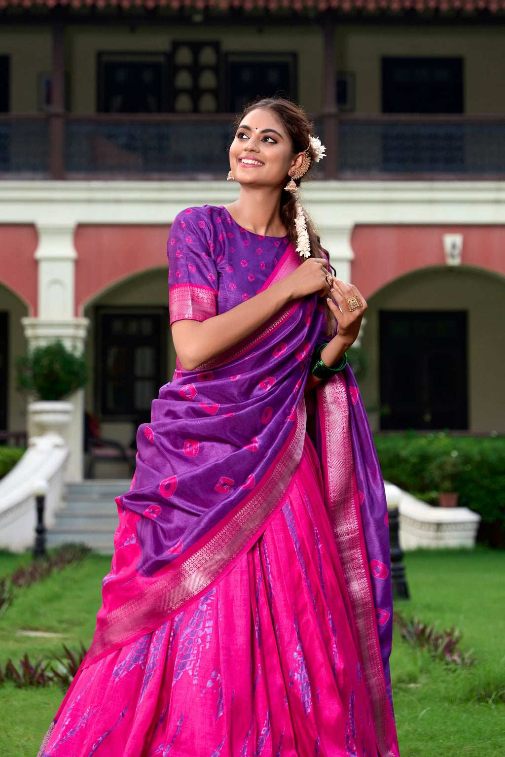 Lorenvalley Pink and Purple Dola Silk Shibori Print With Zari Weaving Border Lehenga Choli | Grocsy