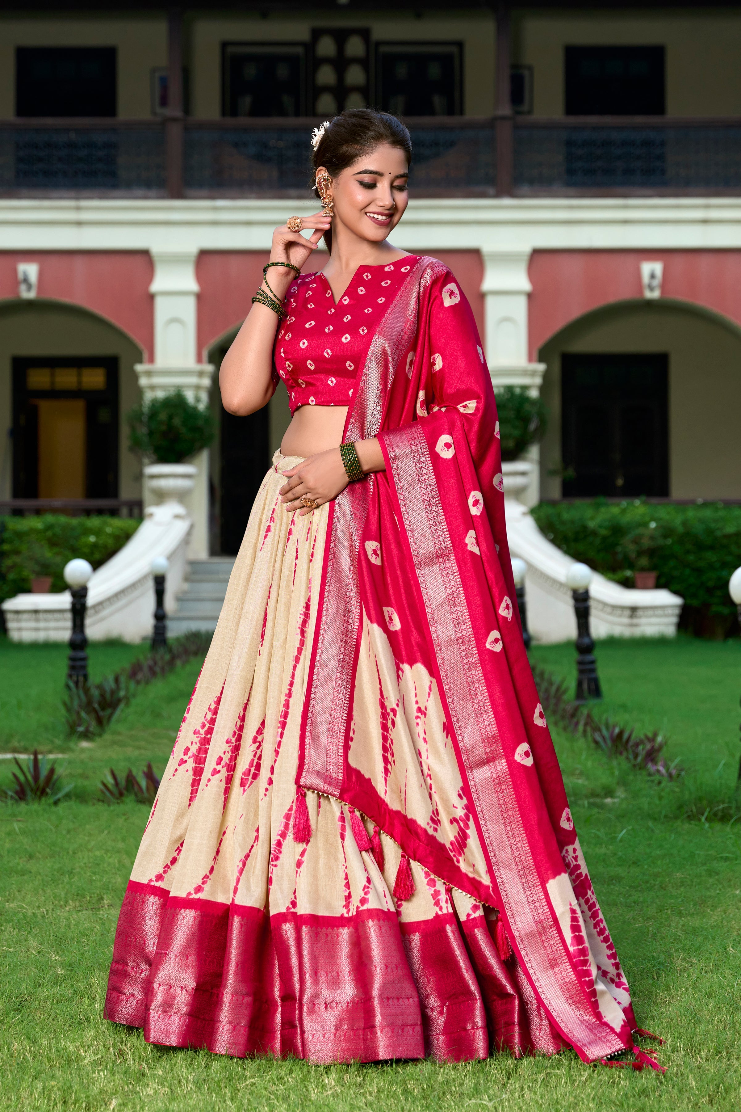 Lorenvalley Cream and Red Dola Silk Shibori Print With Zari Weaving Border Lehenga Choli | Grocsy