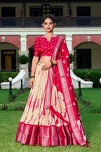Lorenvalley Cream and Red Dola Silk Shibori Print With Zari Weaving Border Lehenga Choli | Grocsy