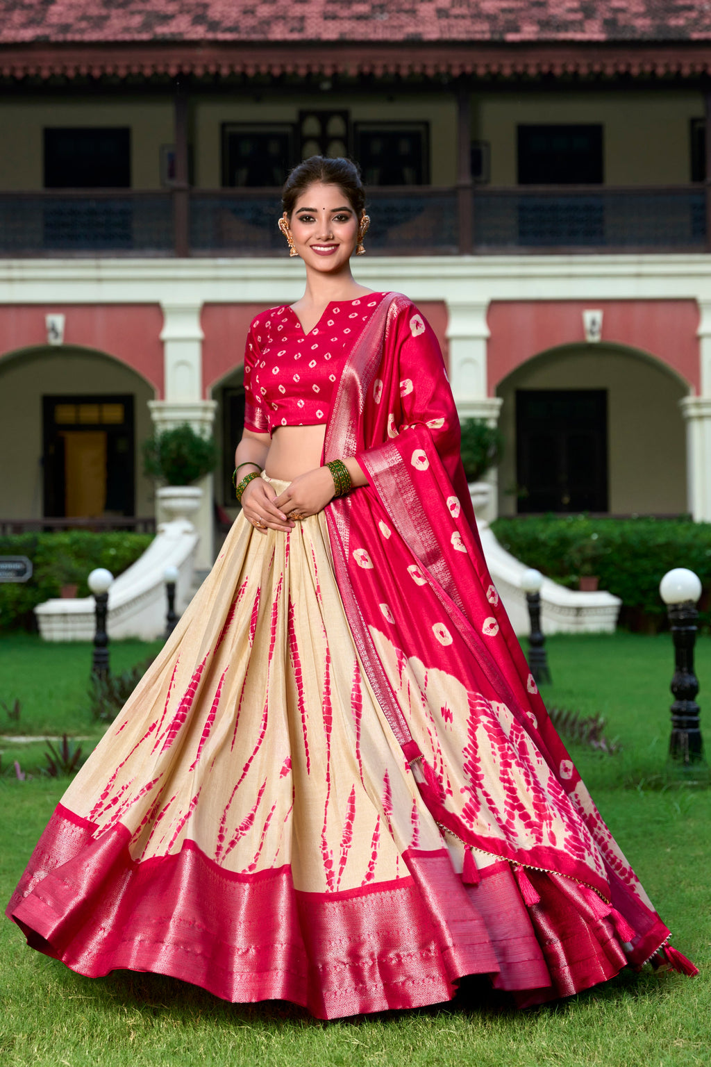 Lorenvalley Cream and Red Dola Silk Shibori Print With Zari Weaving Border Lehenga Choli | Grocsy
