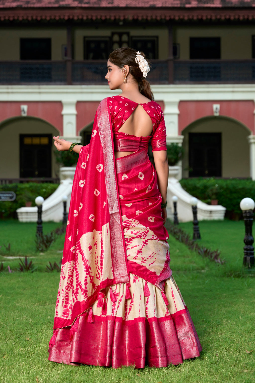 Lorenvalley Cream and Red Dola Silk Shibori Print With Zari Weaving Border Lehenga Choli | Grocsy