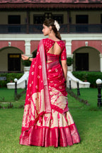 Lorenvalley Cream and Red Dola Silk Shibori Print With Zari Weaving Border Lehenga Choli | Grocsy