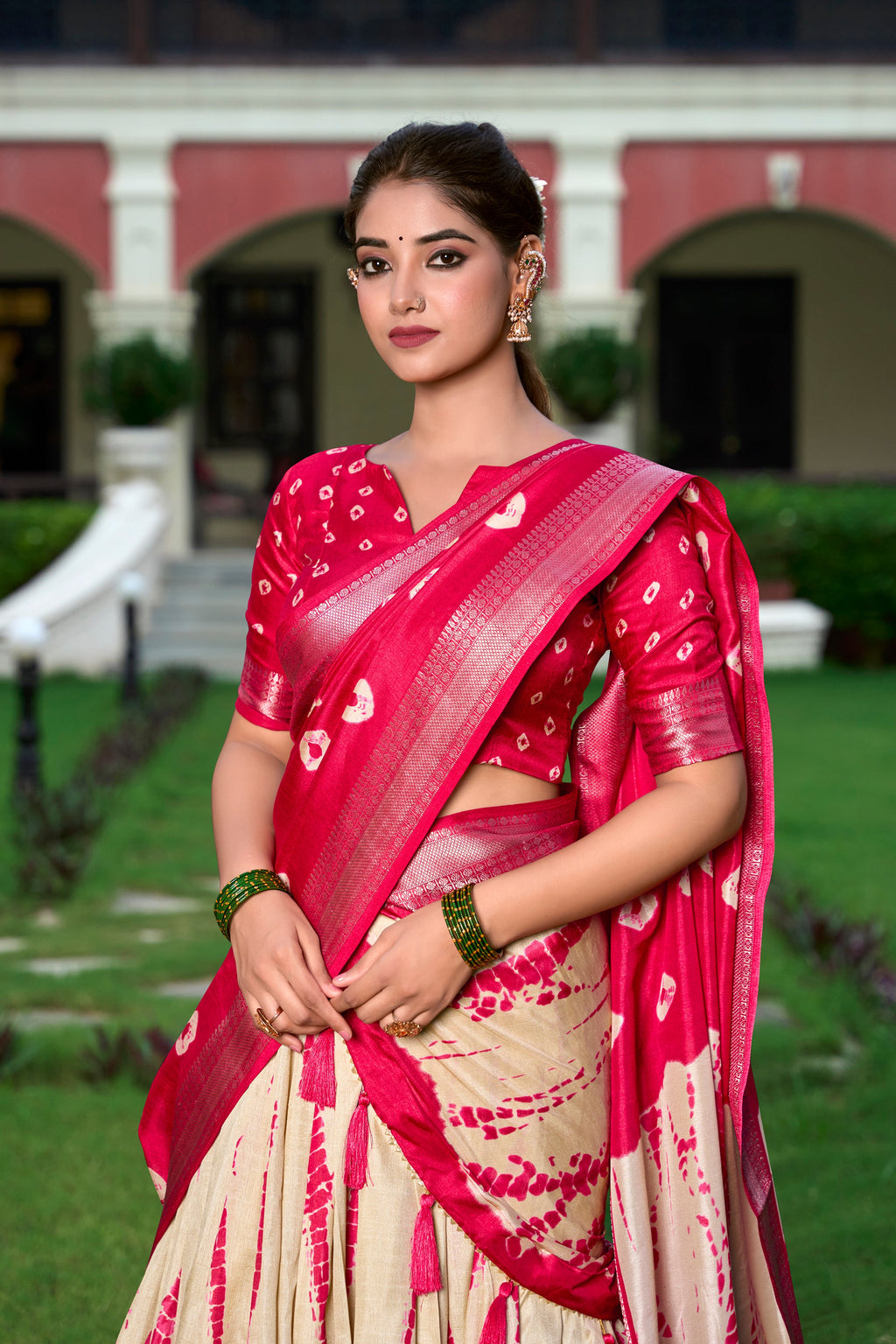 Lorenvalley Cream and Red Dola Silk Shibori Print With Zari Weaving Border Lehenga Choli | Grocsy