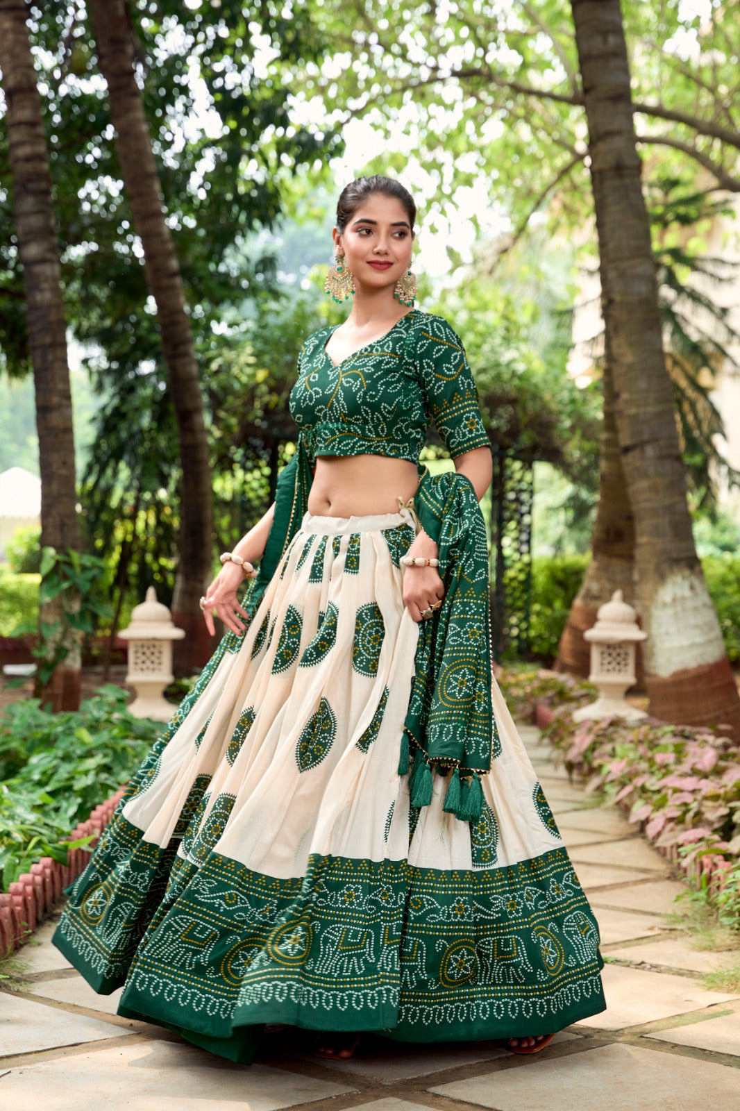 Lorenvalley Green Artistry in Tussar Silk with Bandhej Print Lehenga Choli | Grocsy