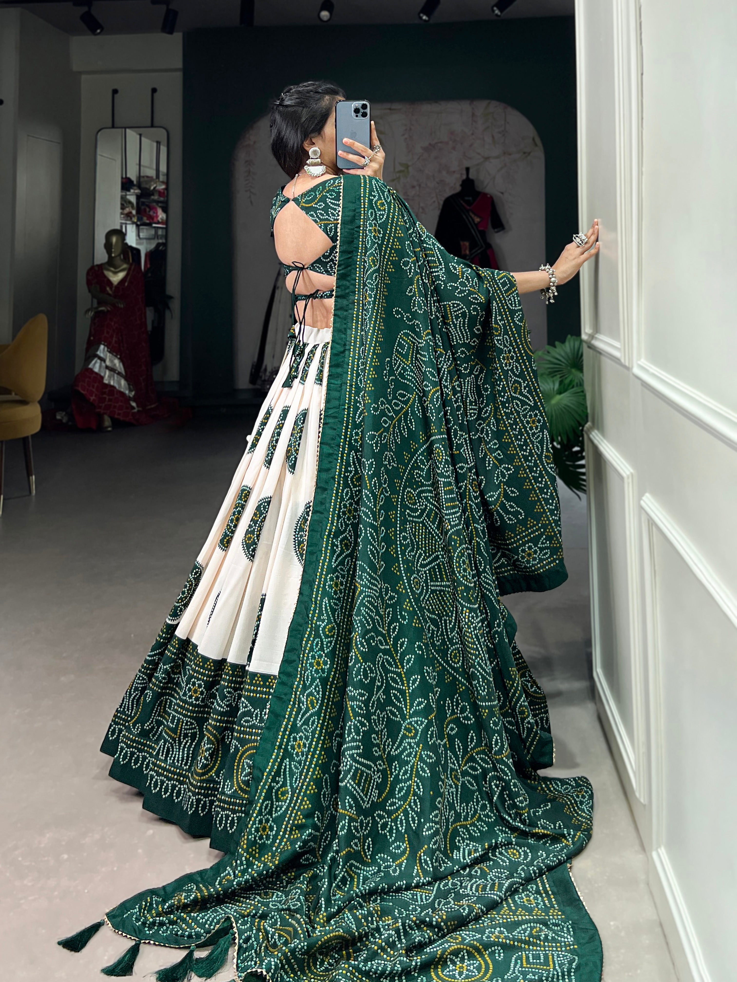Lorenvalley Green Artistry in Tussar Silk with Bandhej Print Lehenga Choli | Grocsy