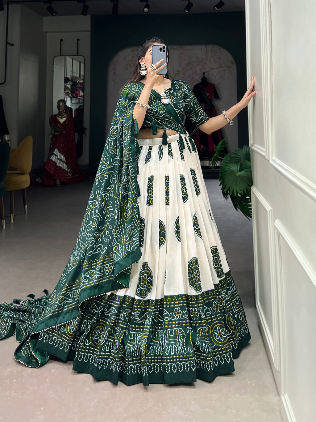 Lorenvalley Green Artistry in Tussar Silk with Bandhej Print Lehenga Choli | Grocsy