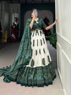 Lorenvalley Green Artistry in Tussar Silk with Bandhej Print Lehenga Choli | Grocsy