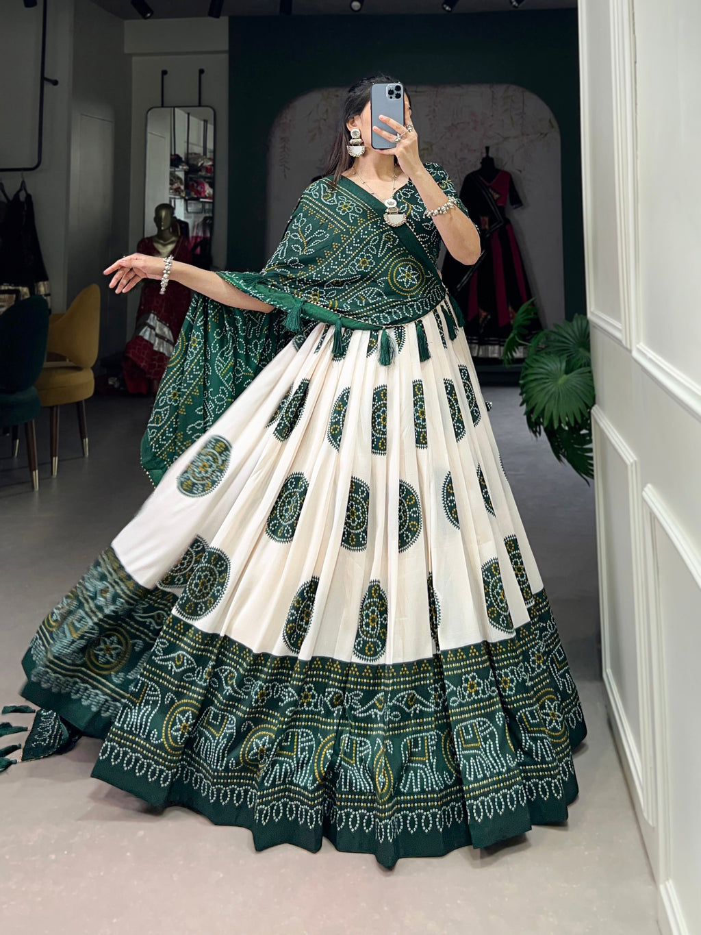 Lorenvalley Green Artistry in Tussar Silk with Bandhej Print Lehenga Choli | Grocsy