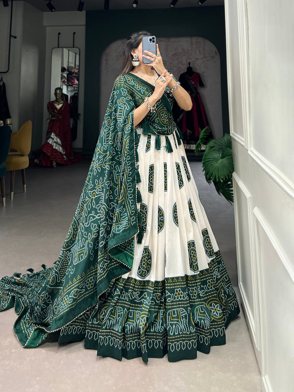 Lorenvalley Green Artistry in Tussar Silk with Bandhej Print Lehenga Choli | Grocsy