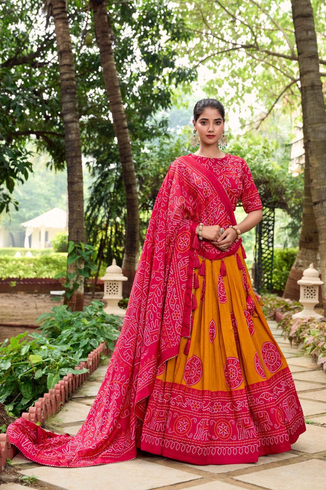 Lorenvalley Mustard Artistry in Tussar Silk with Bandhej Print Lehenga Choli | Grocsy