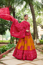 Lorenvalley Mustard Artistry in Tussar Silk with Bandhej Print Lehenga Choli | Grocsy