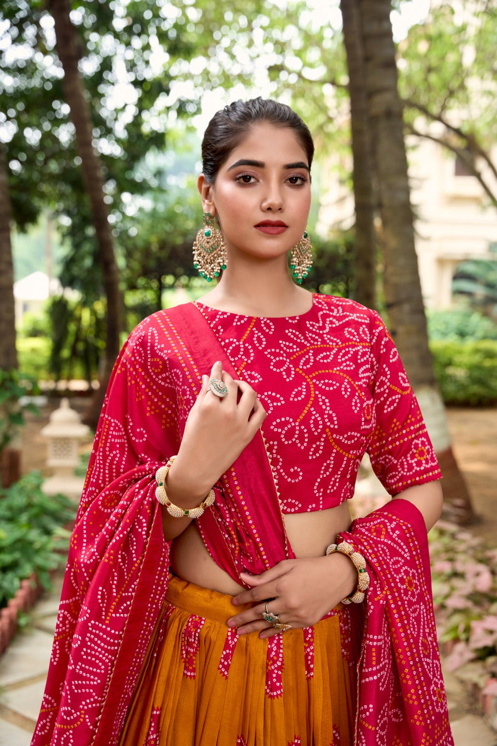 Lorenvalley Mustard Artistry in Tussar Silk with Bandhej Print Lehenga Choli | Grocsy
