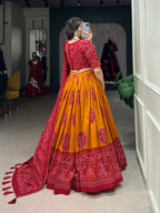 Lorenvalley Mustard Artistry in Tussar Silk with Bandhej Print Lehenga Choli | Grocsy