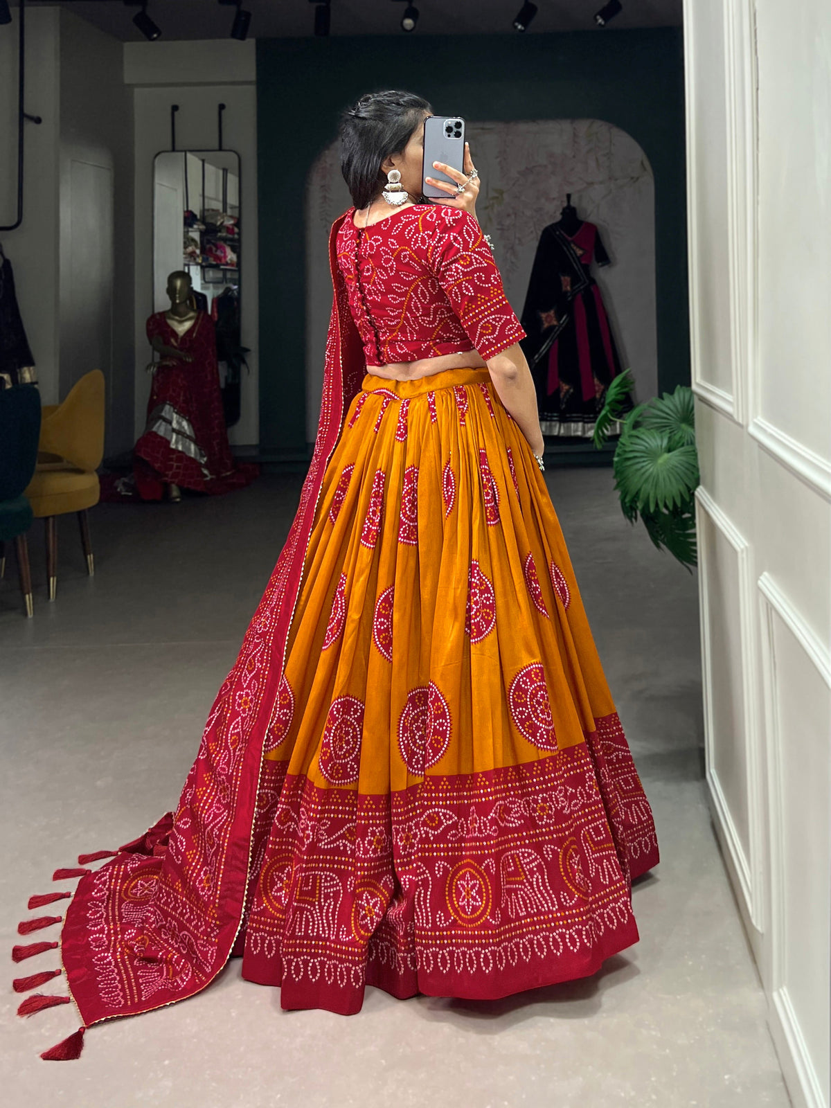 Lorenvalley Mustard Artistry in Tussar Silk with Bandhej Print Lehenga Choli | Grocsy