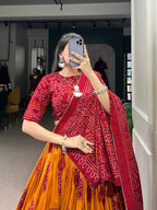 Lorenvalley Mustard Artistry in Tussar Silk with Bandhej Print Lehenga Choli | Grocsy
