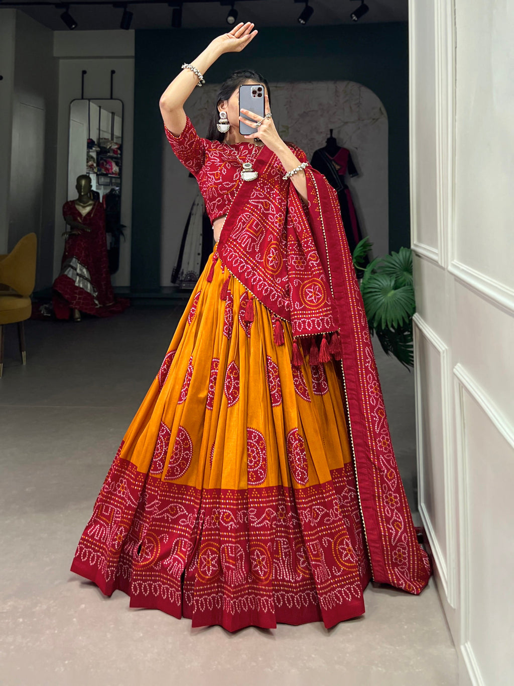 Lorenvalley Mustard Artistry in Tussar Silk with Bandhej Print Lehenga Choli | Grocsy
