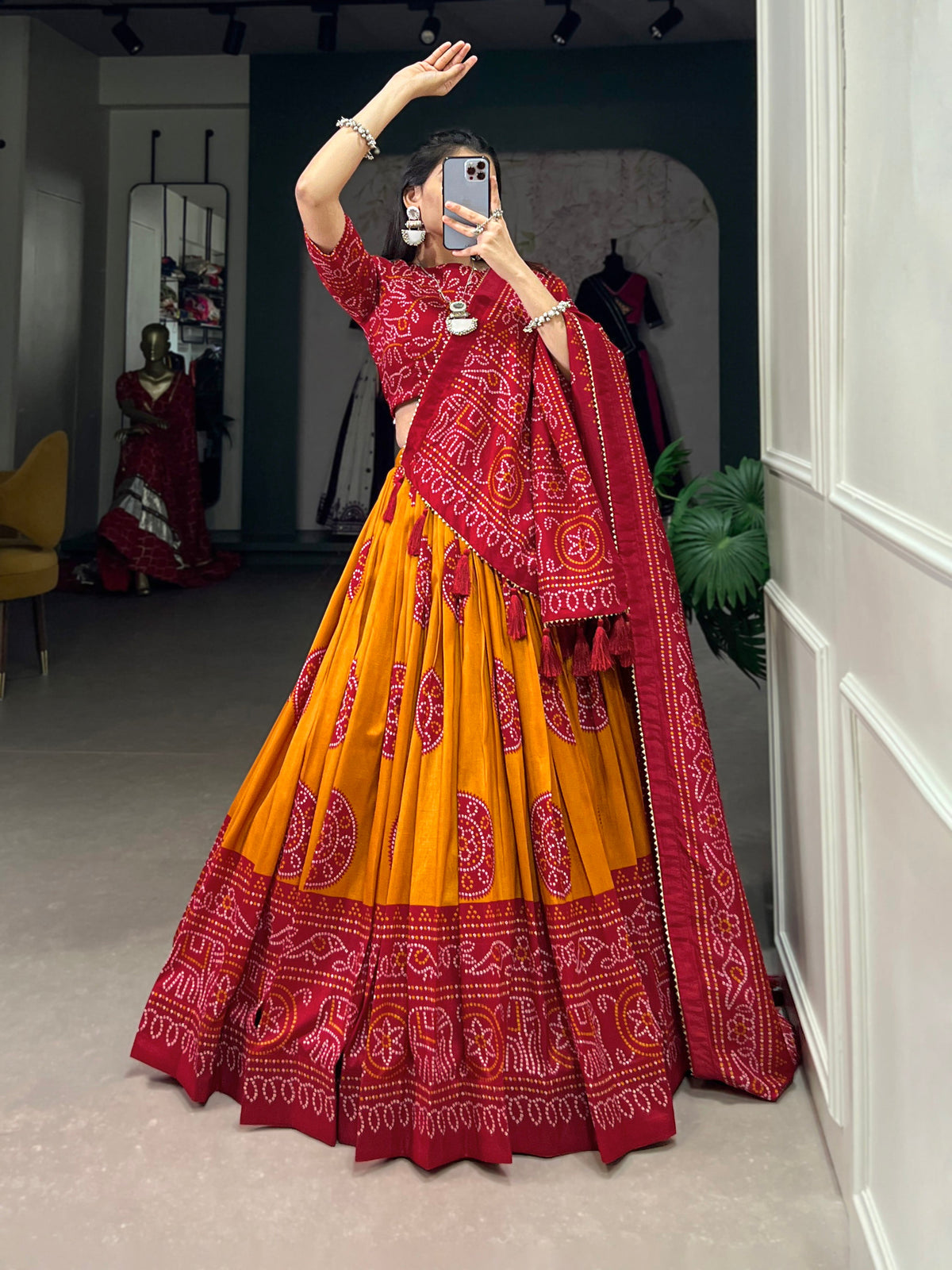 Lorenvalley Mustard Artistry in Tussar Silk with Bandhej Print Lehenga Choli | Grocsy