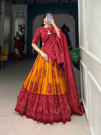 Lorenvalley Mustard Artistry in Tussar Silk with Bandhej Print Lehenga Choli | Grocsy