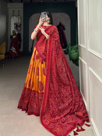 Lorenvalley Mustard Artistry in Tussar Silk with Bandhej Print Lehenga Choli | Grocsy