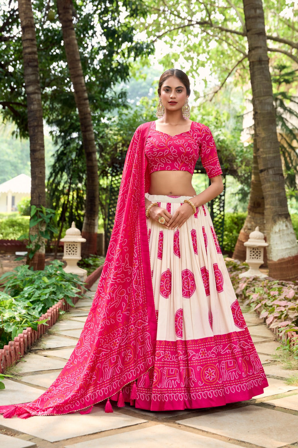 Lorenvalley Pink Artistry in Tussar Silk with Bandhej Print Lehenga Choli | Grocsy