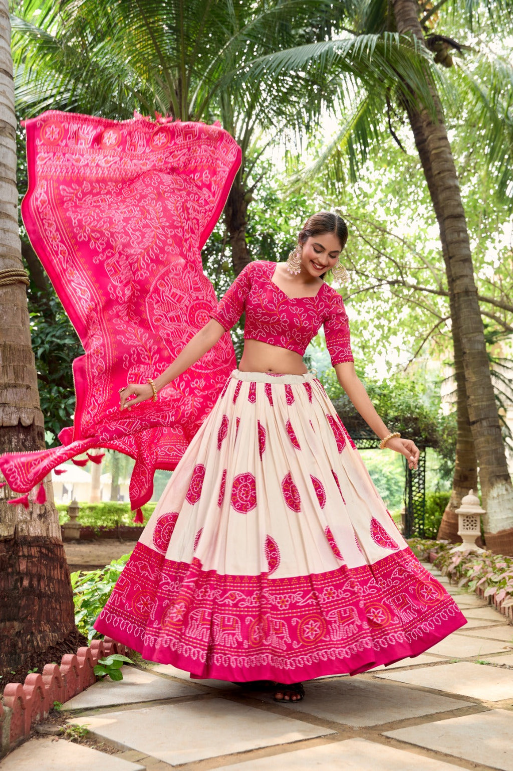 Lorenvalley Pink Artistry in Tussar Silk with Bandhej Print Lehenga Choli | Grocsy