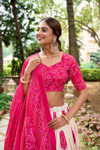Lorenvalley Pink Artistry in Tussar Silk with Bandhej Print Lehenga Choli | Grocsy